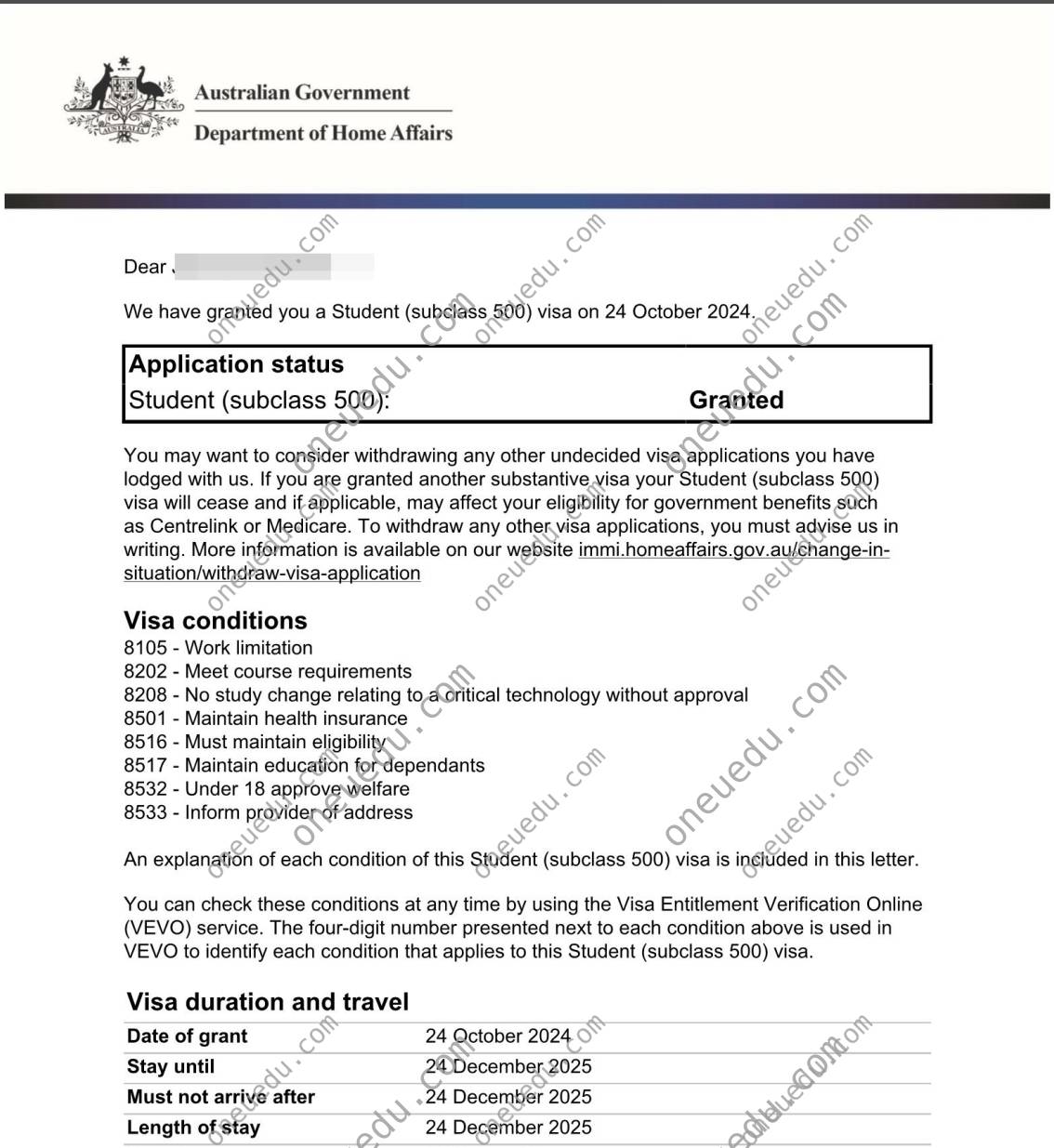 AUS Visa Grant Letter